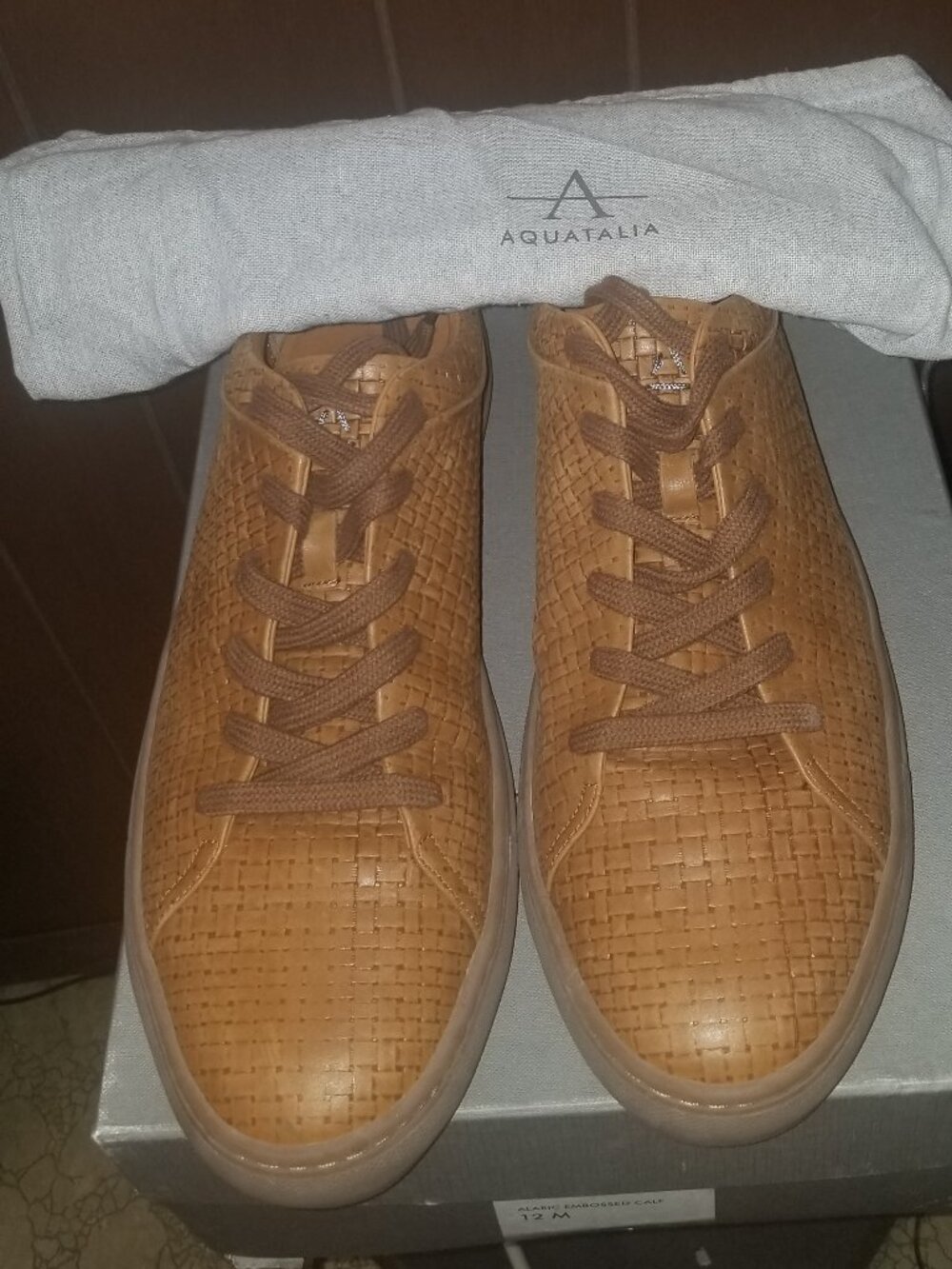 Aquatalia Alaric Embossed Tan Leather Sneaker Size 12